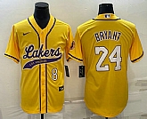 Men's Los Angeles Lakers #8 #24 Kobe Bryant Yellow With Patch Cool Base Stitched Baseball Jersey,baseball caps,new era cap wholesale,wholesale hats